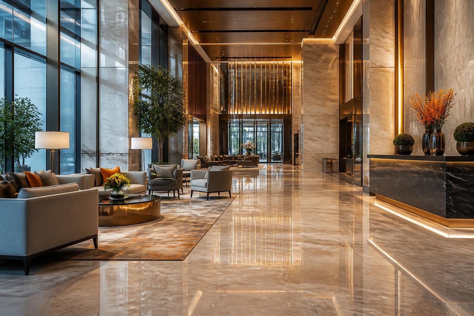 Commercial interior with polished marble flooring