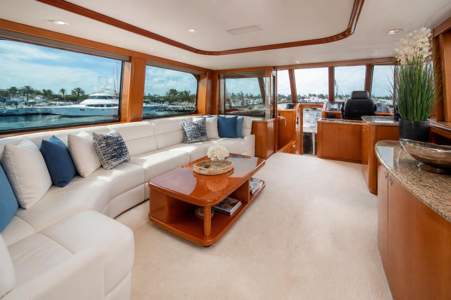 Luxury yacht salon interior with freshly cleaned carpet and upholstery
