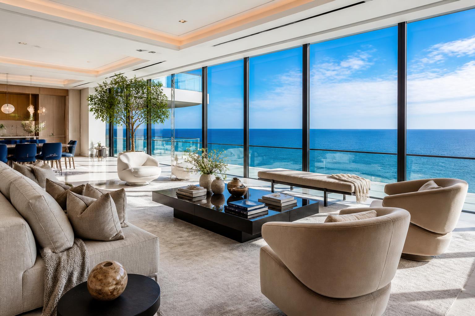 Oceanfront penthouse living room with plush carpet and designer upholstery