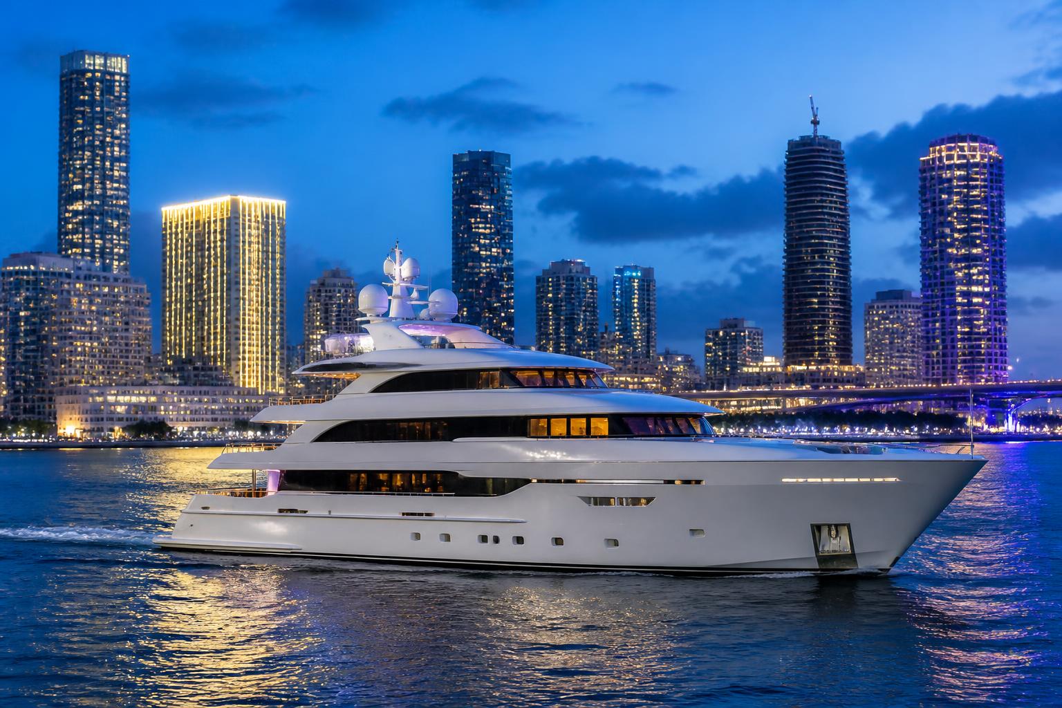 Superyacht cruising past the Miami skyline at dusk