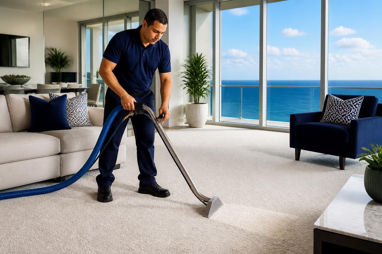 Technician steam cleaning carpet inside an oceanfront high rise condominium residence