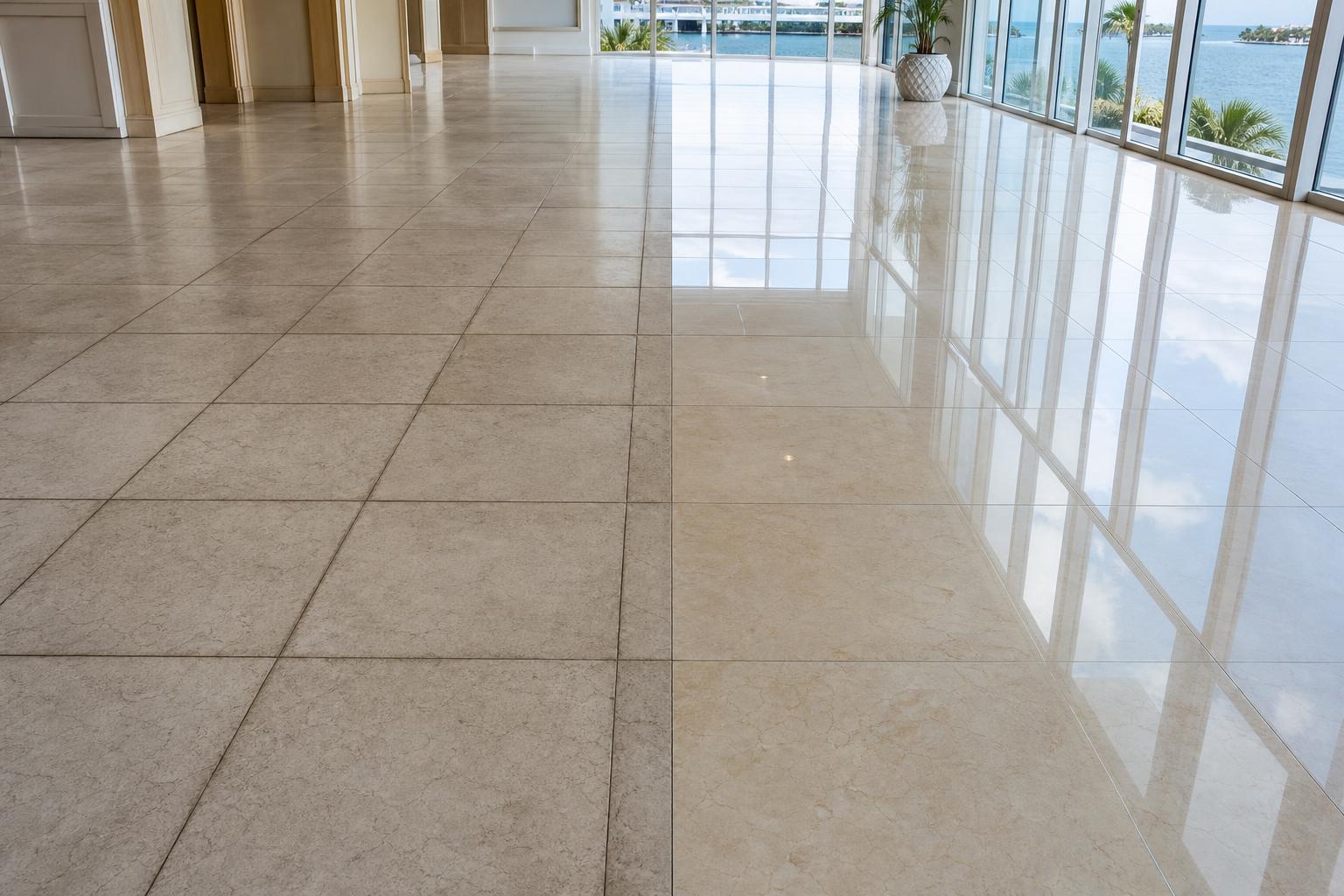 Marble tile floor in a luxury building lobby shown before and after grout restoration