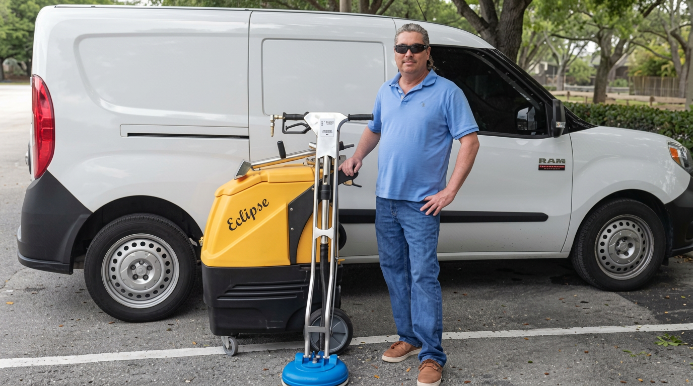 Travis Manning of Exclusively Yacht & Condominium beside the company service van and portable steam cleaning extractor