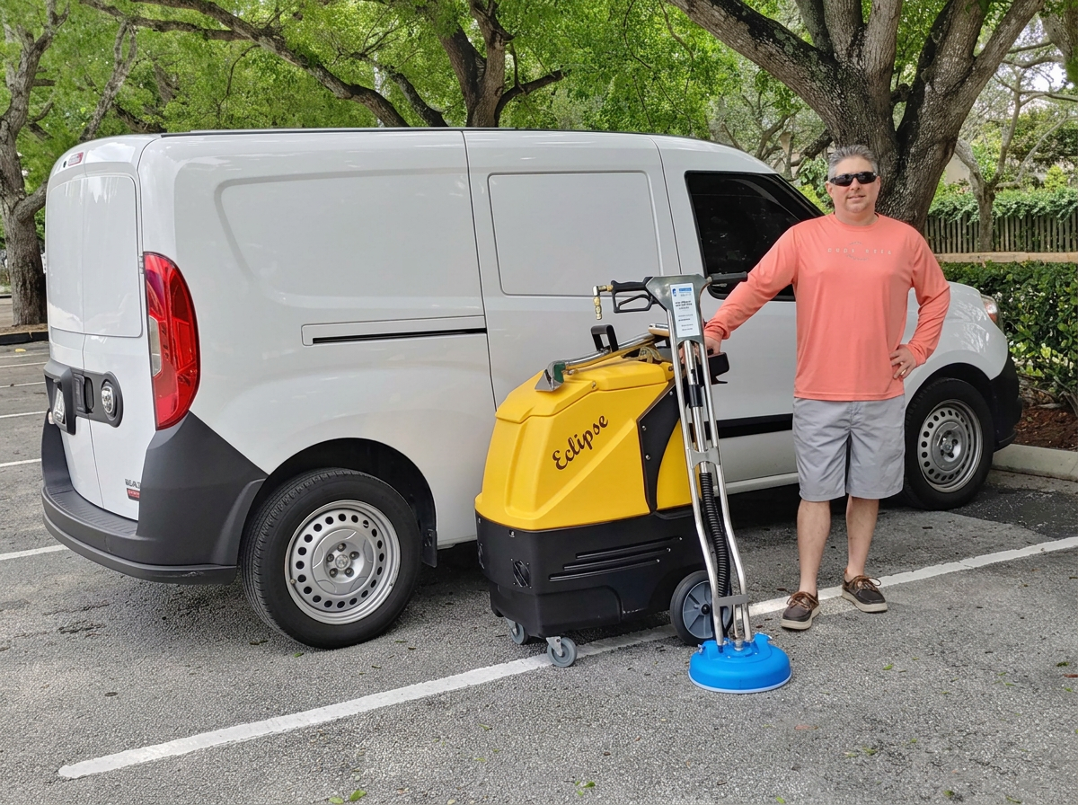 Owner of Exclusively Yacht & Condominium with the Eclipse portable carpet extractor and service van on a job site